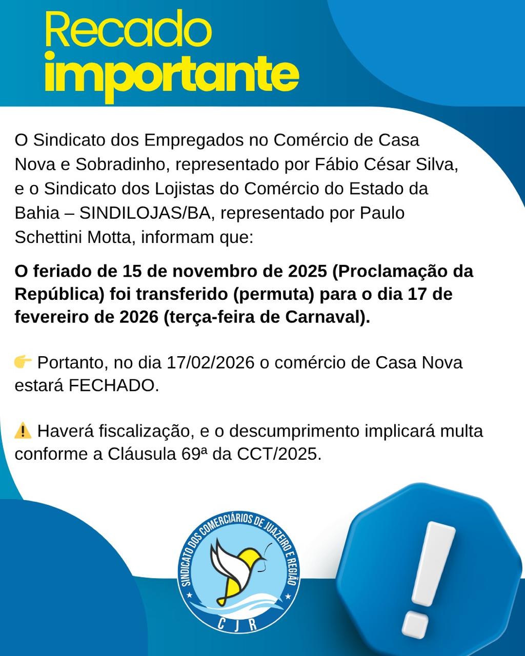 Comunicado importante (Comerciários de Casa Nova)